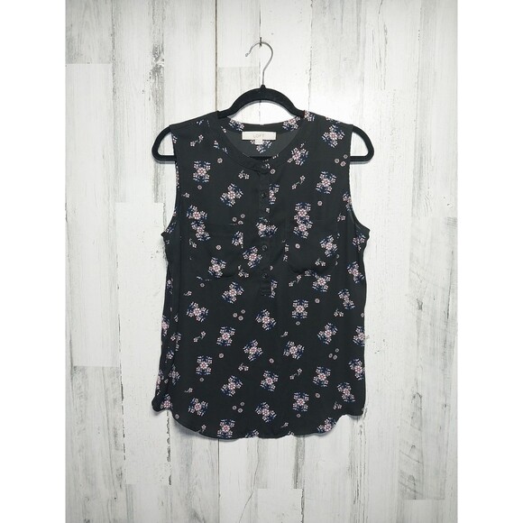 Loft Size Medium Black Floral Women's Sleeveless Beautiful Tank Top Blouse - Picture 1 of 7